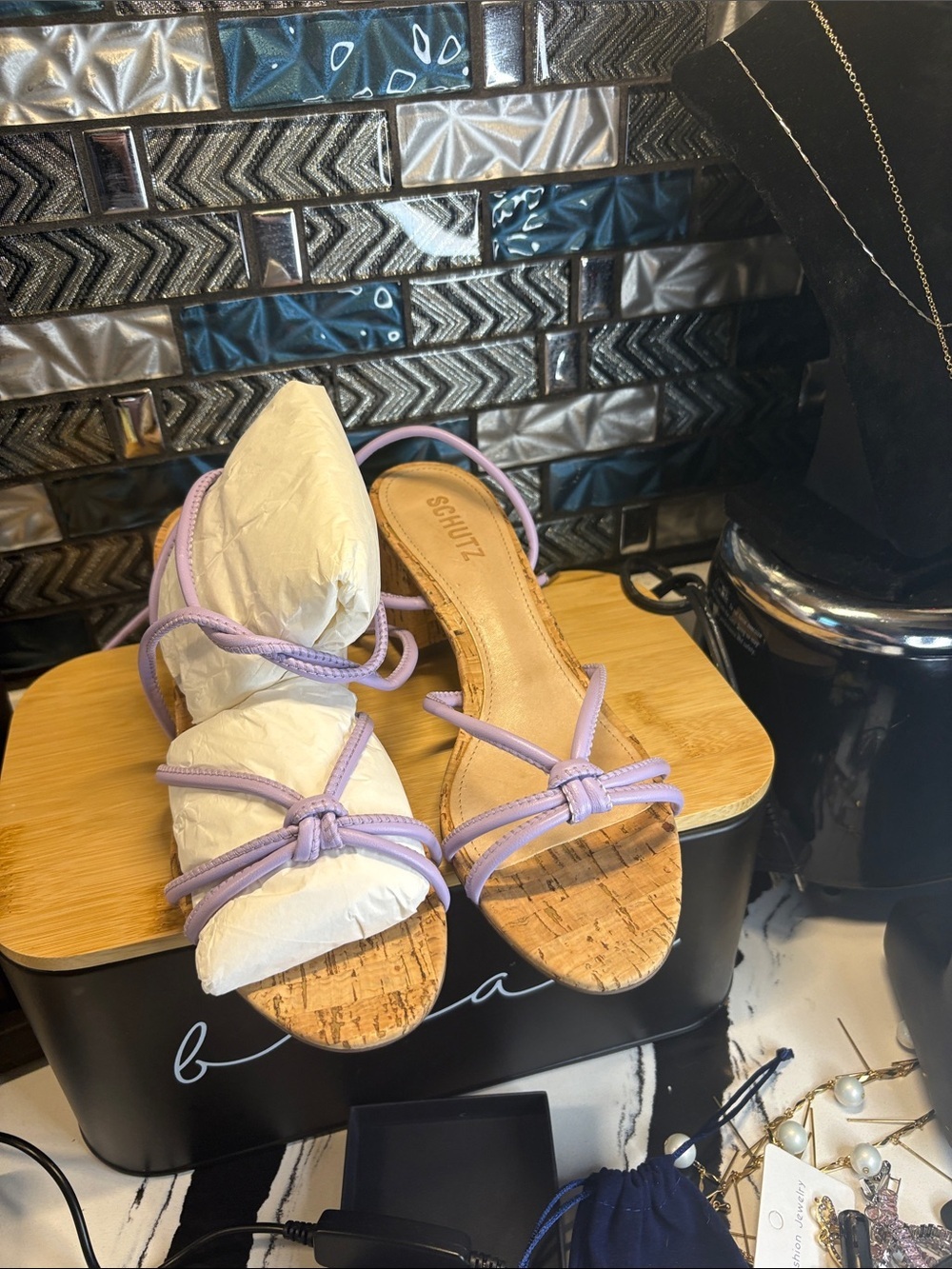 SCHUTZ Lavender Knot-Strap Cork Slide Sandal